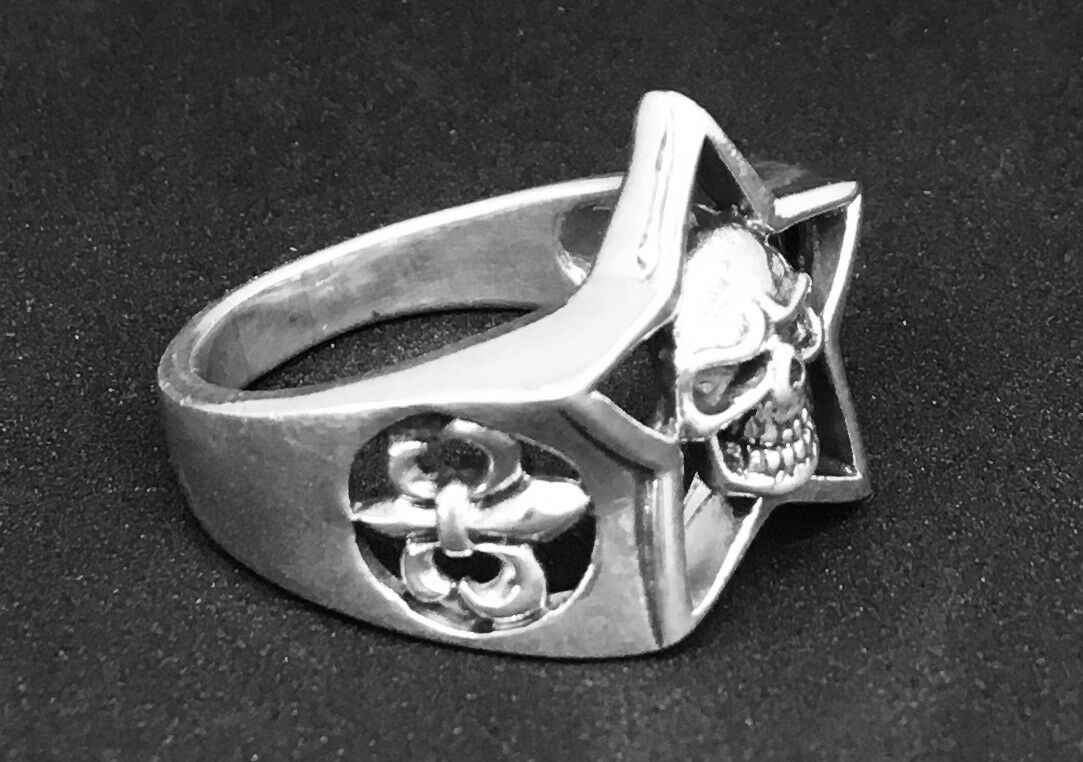 Skull Star Ring Pentagram Fleur .925 silver Biker Gothic Celtic Pagan feeanddave