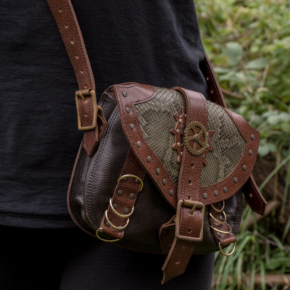 Real Leather and Python Snake Skin Steampunk Handmade Shoulder Bag satchel