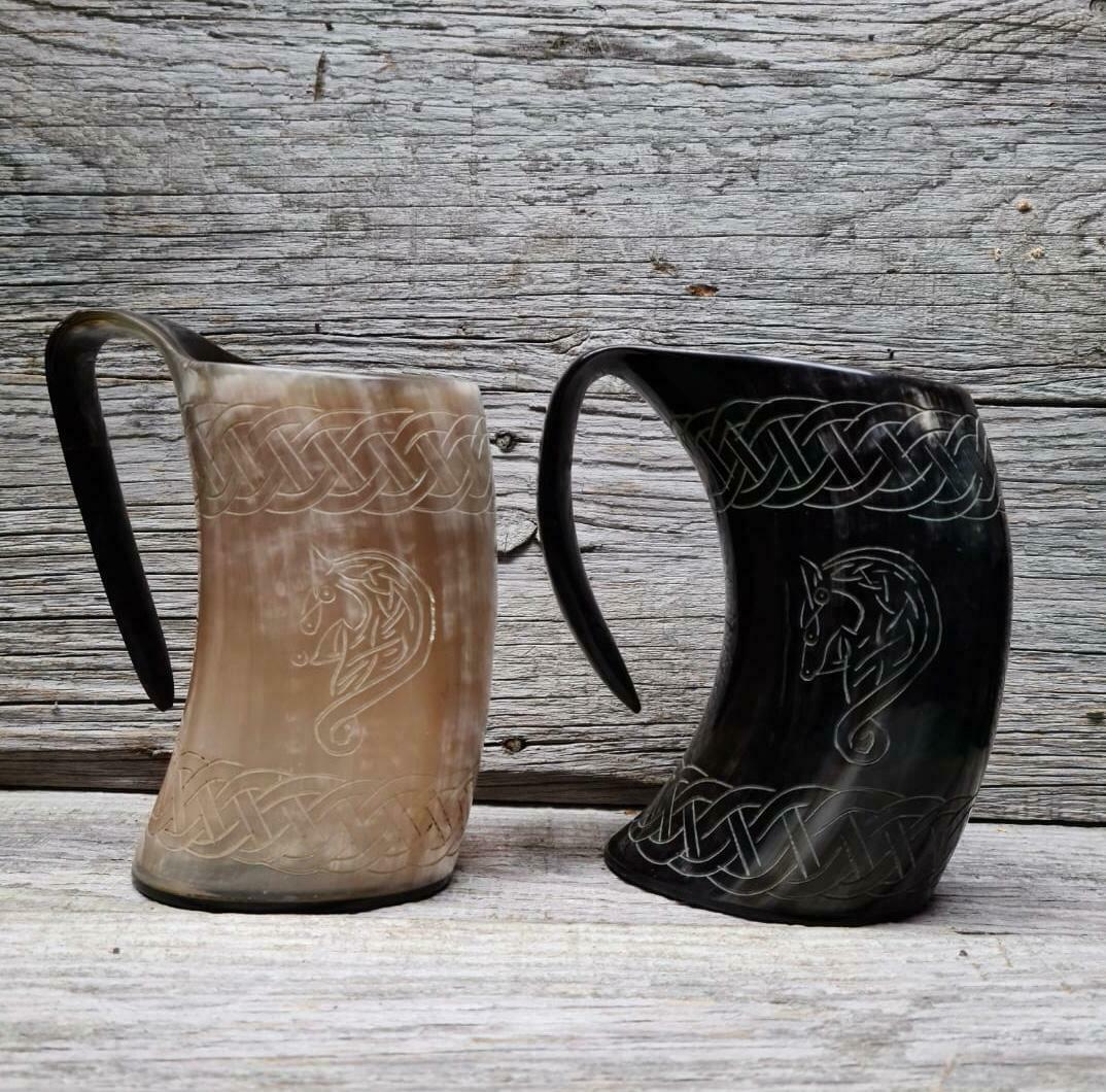 Carved Buffalo Drinking Tankard - Celtic Horse