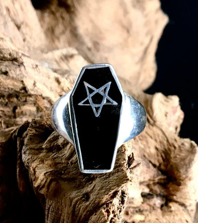 Coffin Pentagram Ring  - .925 sterling silver - Black Enamel