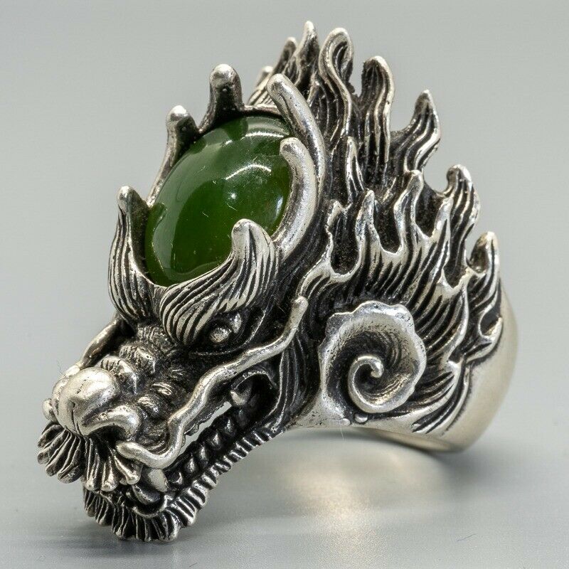 Silver Dragon Ring with Jade