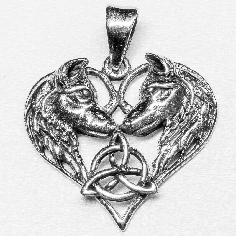 Double Wolf Trinity Knot Heart Pendant - .925 Sterling Silver