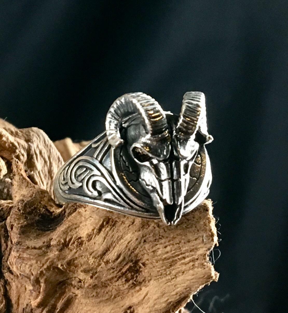Rams Head Viking Ring 925 silver Occult Baphomet Zodiac Aries Gothic feeanddave