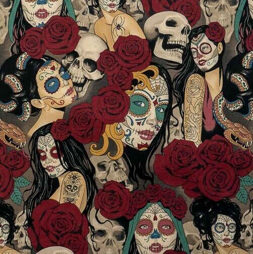 Day of the Dead Tattoo Ladies Snakes Skulls  - Alexander Henry - 100% Cotton Fabric