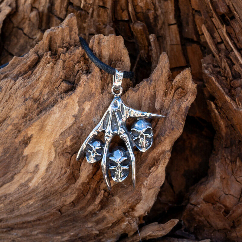 Skeleton Hand & Skull Pendant .925 Silver Gothic Biker Death Reaper Claw Devil