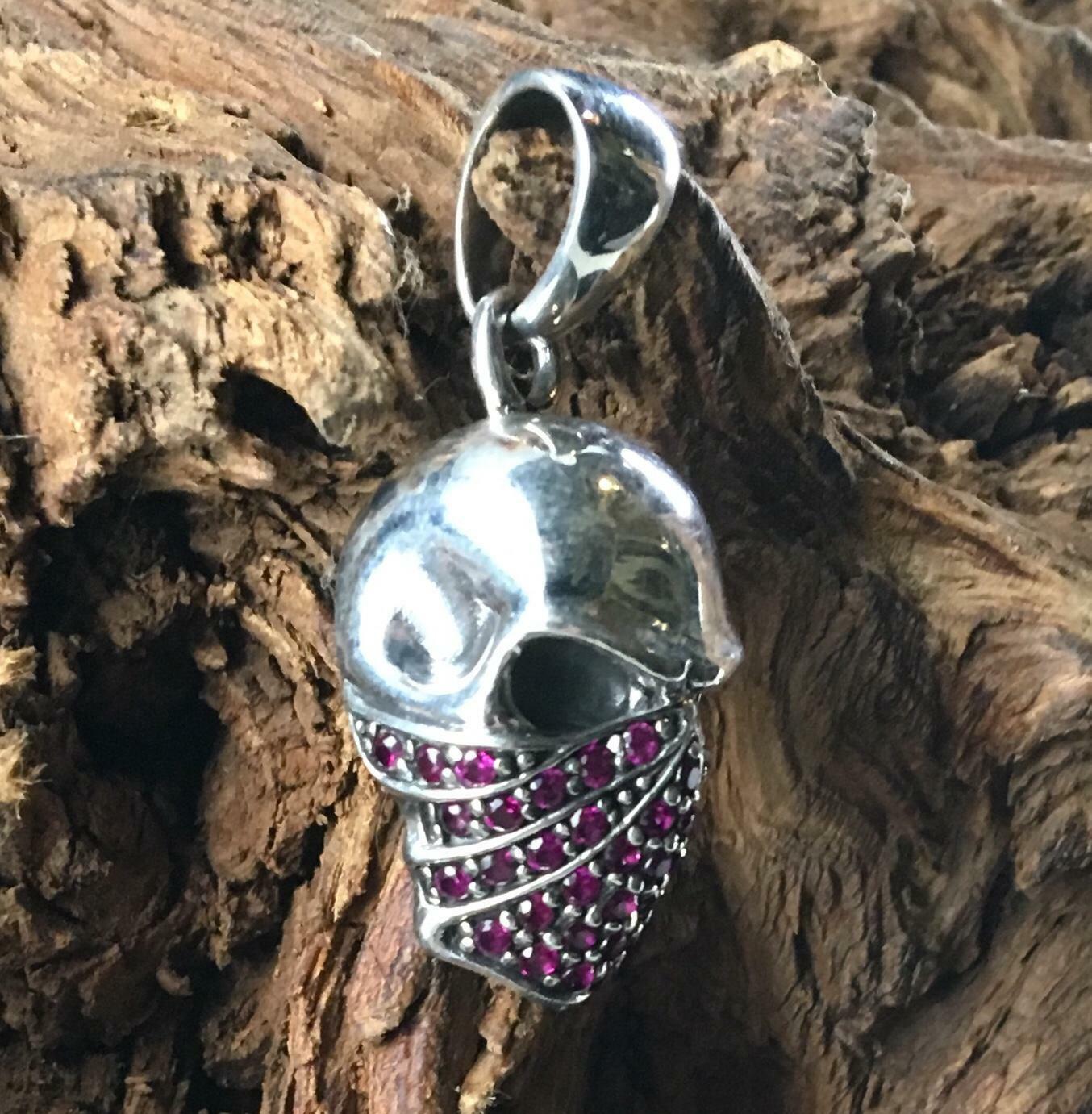 Pink Bandit Mask Skull Bling Pendant - .925 sterling silver