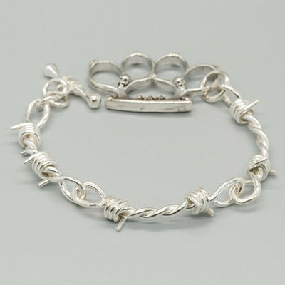 Barbed Wire & Skull Knuckle Duster Bracelet - .925 Sterling Silver