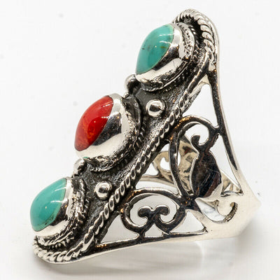 Turquoise & Coral Ring ~ 925 sterling silver