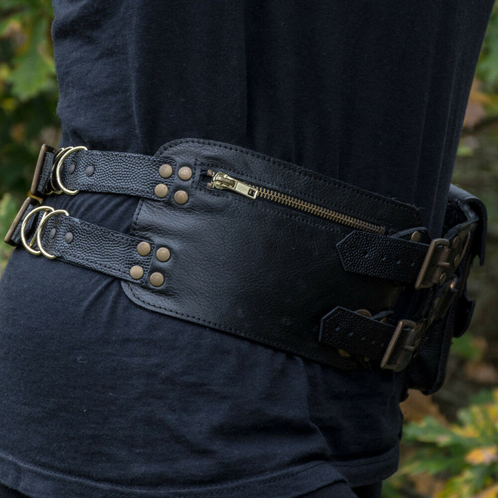 Black Grommet Leather Festival Belt with Key Pouch Upcycled Handmade Leather Belt With Detachable Bag: Dark Boho  main image 4