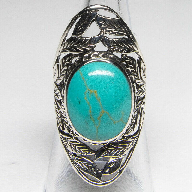 Turquoise Ring with a leaf border ~ 925 sterling silver
