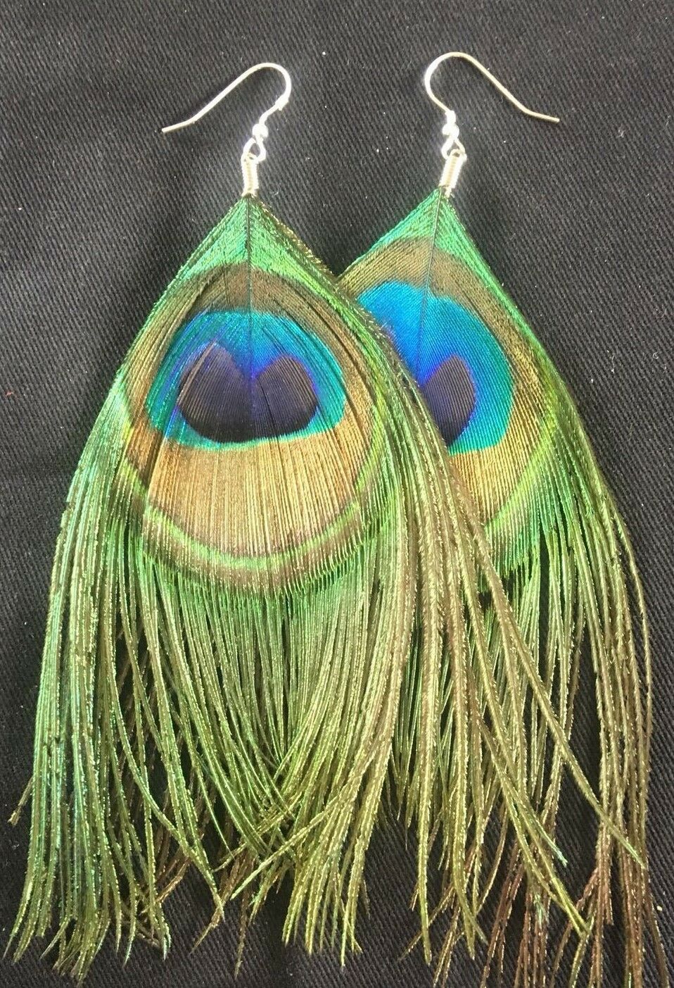 Real Peacock Eye Feather Earrings Boho Dangle Drop Jewellery Solid Silver