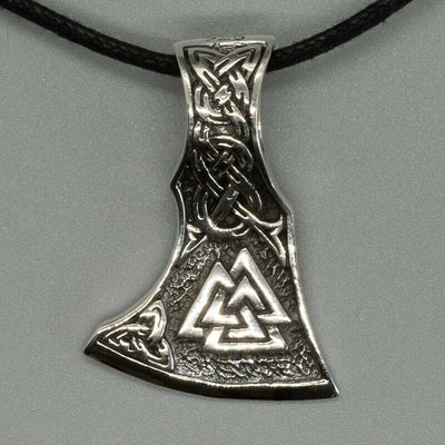 Viking Axe head pendant with a valknut at the base, 925 sterling silver pendant supplied with bootlace cord or choose a silver chain to go with it
