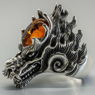 Silver Dragon Ring with Baltic Amber