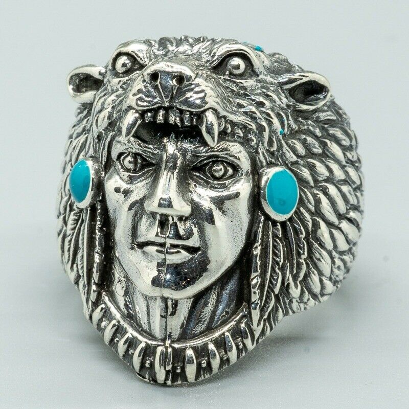 Turquoise Bear Navajo Influenced Indian Chief Cougar Exeter Chiefs silver Ring
