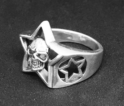Skull Star Ring Pentagram Fleur .925 silver Biker Gothic Celtic Pagan feeanddave
