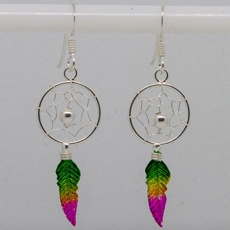 Dreamcatcher Rainbow Feather boho drop earring 925 silver boho celtic