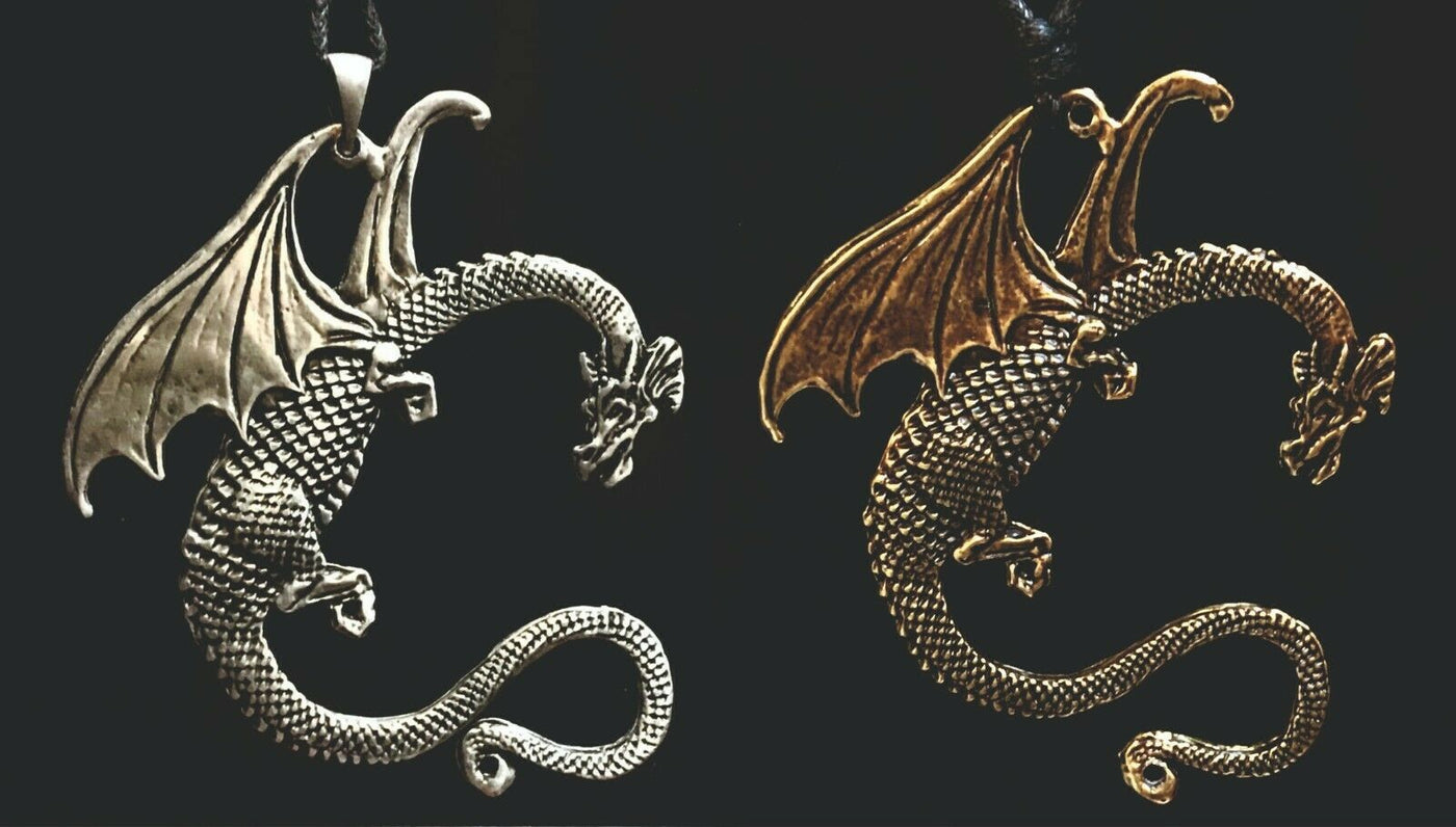 Dragon Pewter Bronze Pendant Adjustable Cord Necklace Biker Thrones Mythical