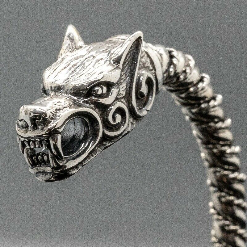 Wolf Head .925 silver torc bangle mjolnir biker viking oath ring arm pagan