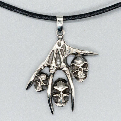 Skeleton Hand & Skull Pendant .925 Silver Gothic Biker Death Reaper Claw Devil