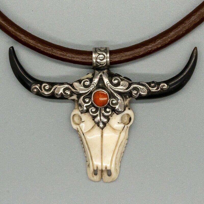 Buffalo Longhorn Skull Pendant - .925 sterling silver & coral