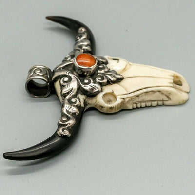 Buffalo Longhorn Skull Pendant - .925 sterling silver & coral