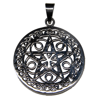925 sterling silver pendant.  a round design with a pentagram in the centre and a delicate woven pattern around the edge.  Supplied with a bootlace cord or you can buy a silver chain from our shop