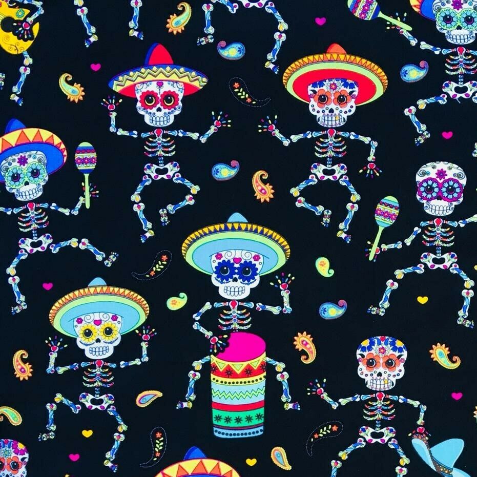 Day of the Dead Skeleton Timeless Treasures 100% Cotton Fabric For Face Masks