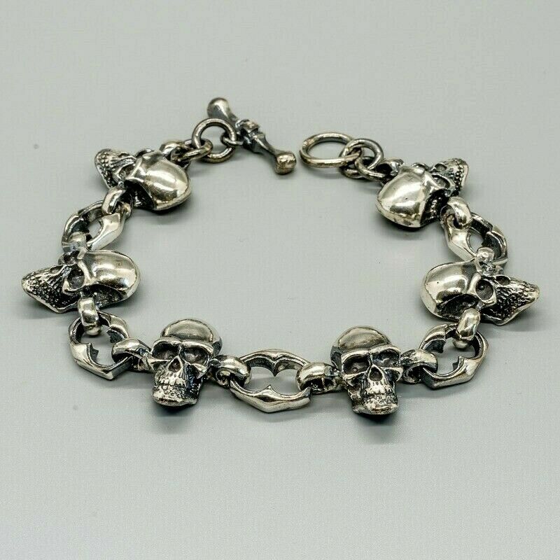 Skull Link Bracelet .925 sterling silver biker viking pagan gothic punk
