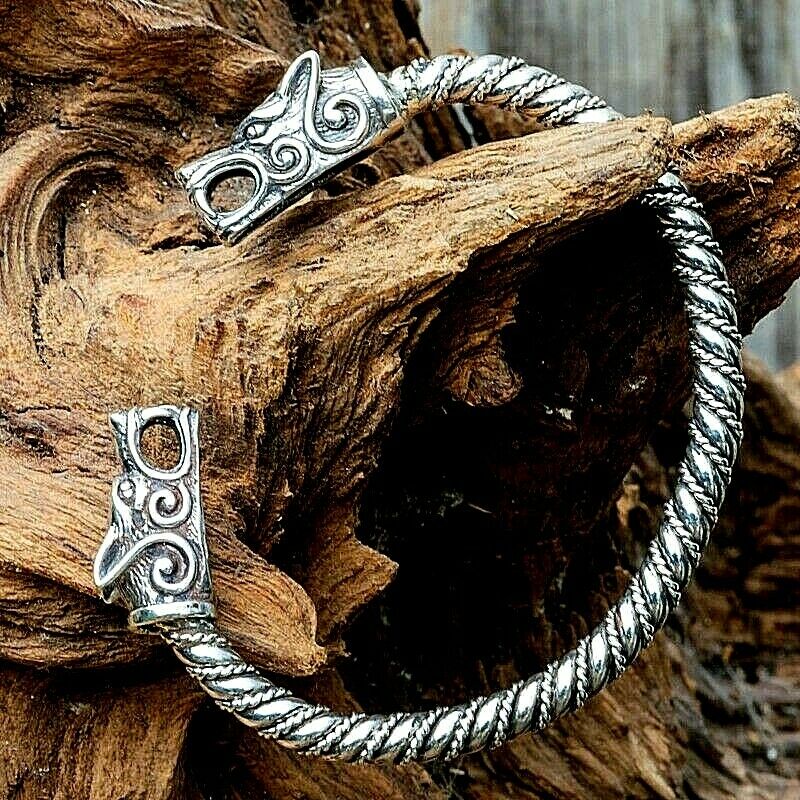 Wolf Head .925 silver torc bangle mjolnir biker viking oath ring arm pagan