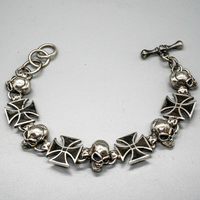Iron Cross & Skull Bracelet 925 sterling silver handmade Chain Link Gothic Biker