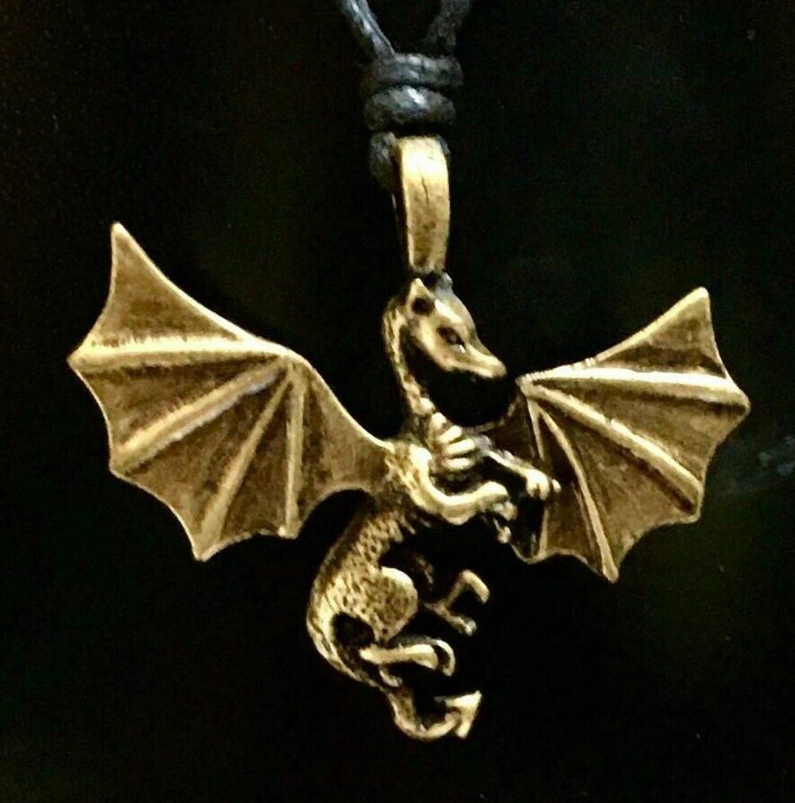 Dragon in Flight Bronzed Pewter Pendant Biker adjustable necklace on cord