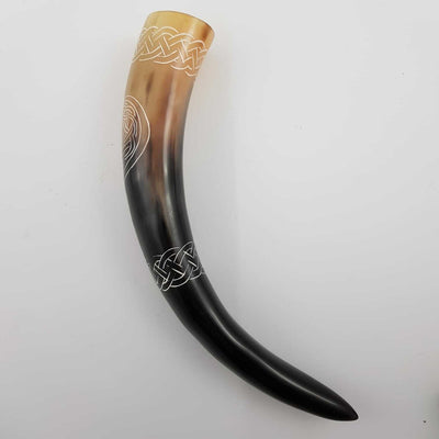 Carved Buffalo Drinking Horn & Stand - Celtic Horse - Light