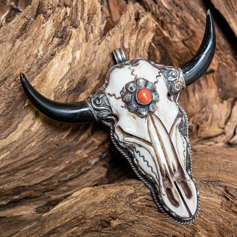 Buffalo Skull Pendant - coral - .925 sterling silver