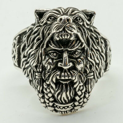 Viking Wolf Bear Man Headdress Ring 925 silver Skull Biker Warrior Thor Odin