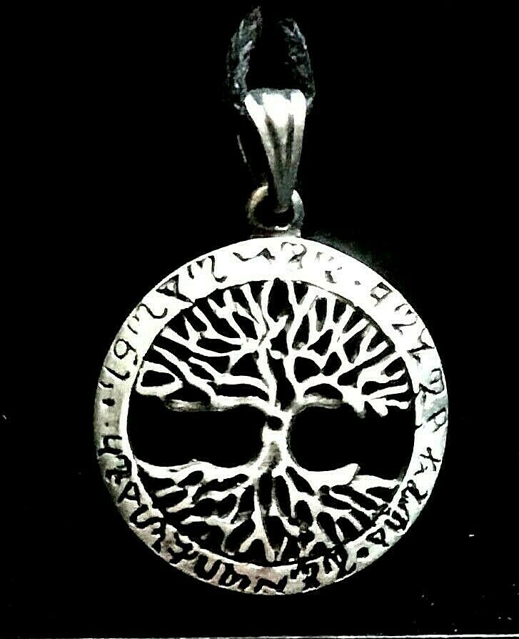 Tree of Life Pewter Pendant Celtic Pagan Runes Biker Necklace adjustable cord