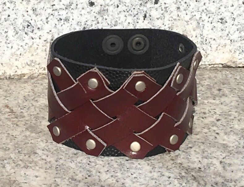 Leather woven press stud Wrist Cuff wristband protector Biker Gothic metal punk