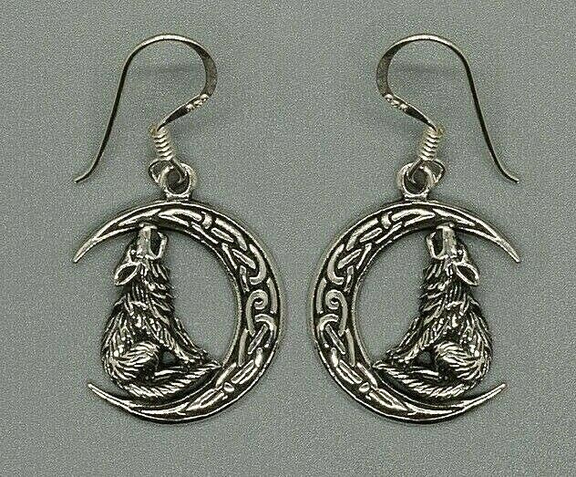 Wolf Celtic moon drop earrings 925 sterling silver ladies droppers knotwork