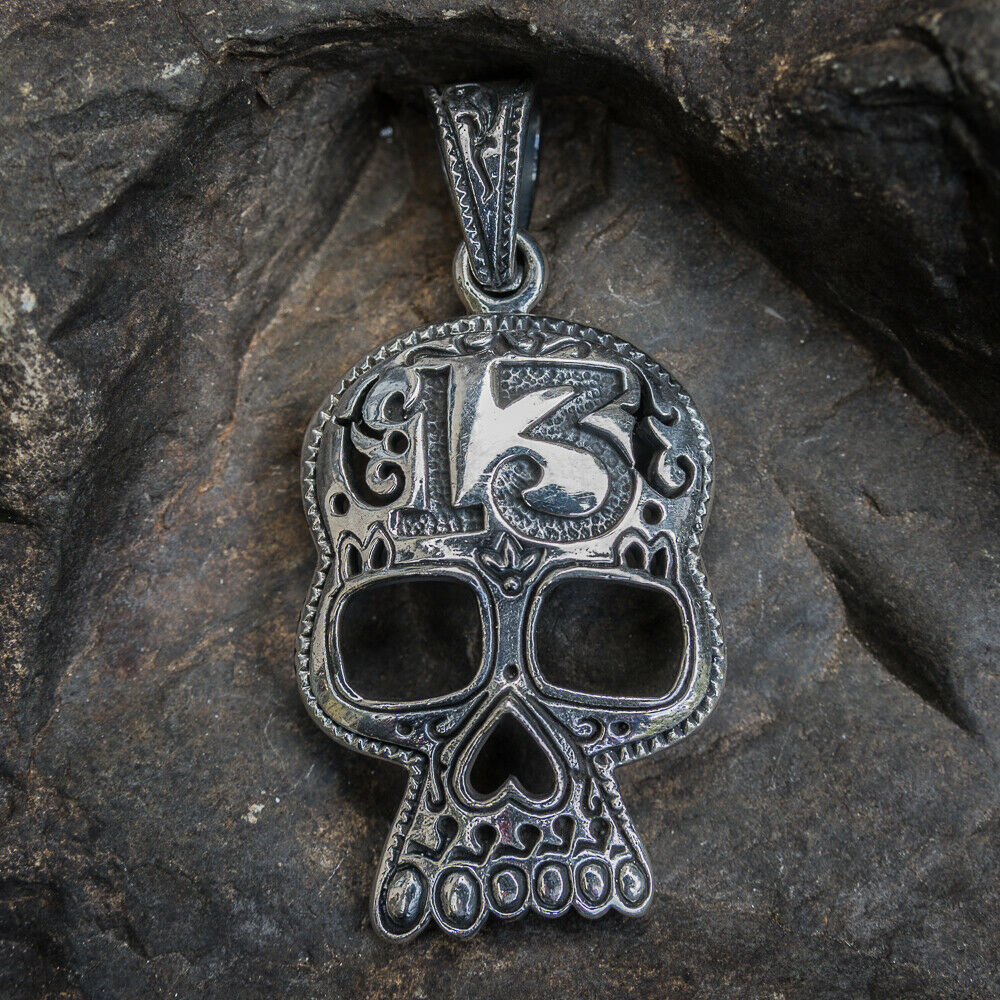 Candy Sugar Skull Lucky 13 pendant - . 925 sterling silver