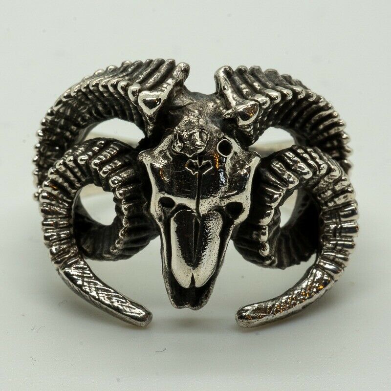 Ram Head Skull Ring .925 silver Zodiac Aries Goat Baphomet Biker Gothic Horns