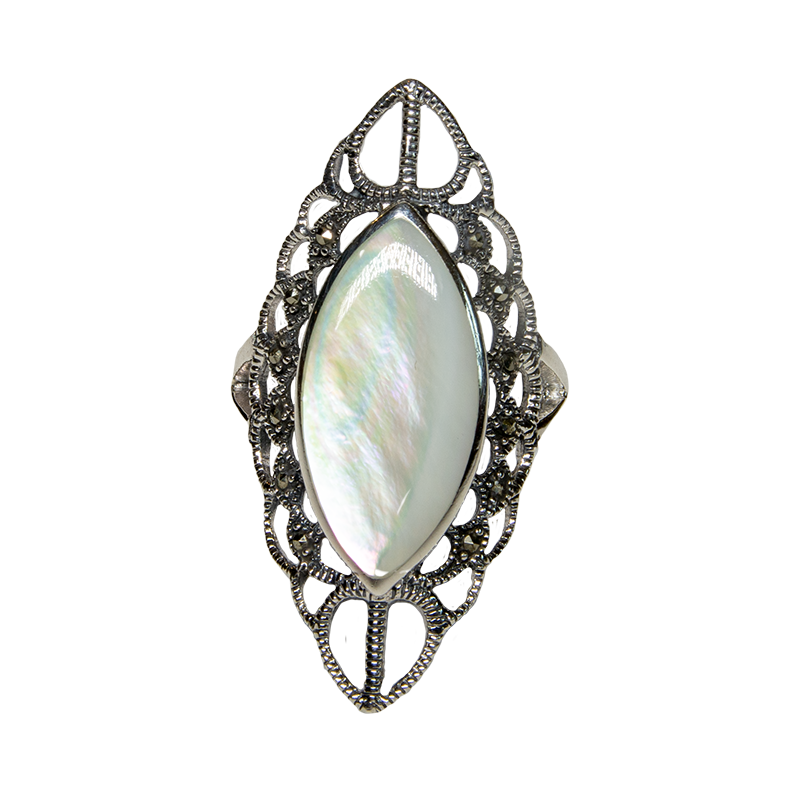 Marcasite Style Mother of Pearl 925 Sterling Silver Ring