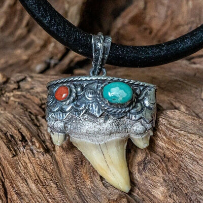 Fossil Tooth Pendant 925 sterling silver Bone Coral Turquoise Biker Gothic Pagan