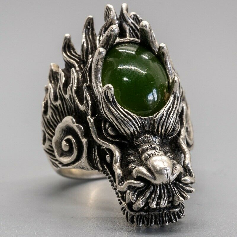 Silver Dragon Ring with Jade