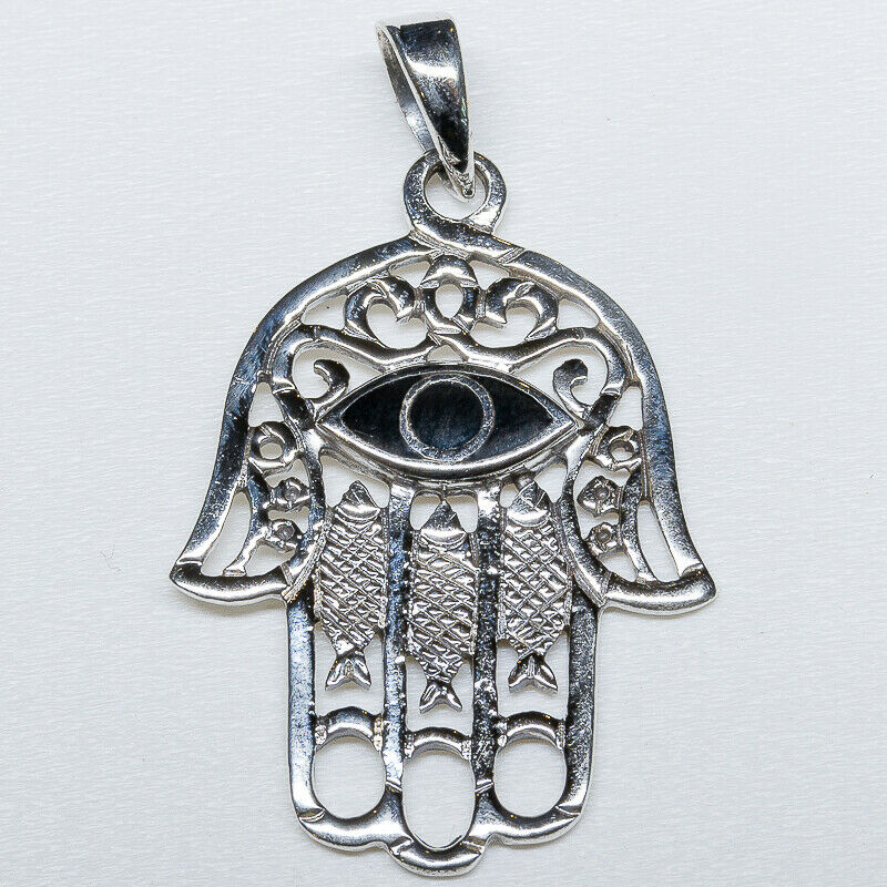 Hamsa Hand Onyx Pendant .925 Silver Fatima Luck Yoga Buddha Eye feeanddave