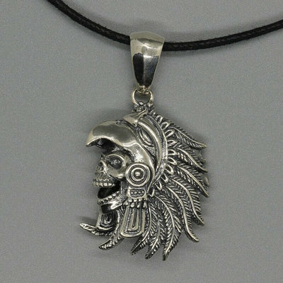 Skull Indian Chief Pendant .925 Silver Navajo Cherokee Influenced Feather Biker