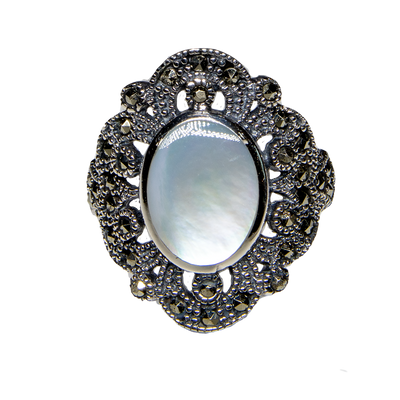 Marcasite Style Mother of Pearl Ring 925 silver
