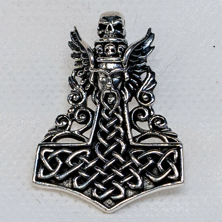 Thors Hammer Skull Pendant 925 silver Biker Celtic Viking Odin Mjolnir Gothic