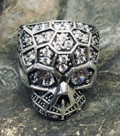Cubic Zirconia Skull Ring - .925  sterling silver  - Clear Cubic Zirconia