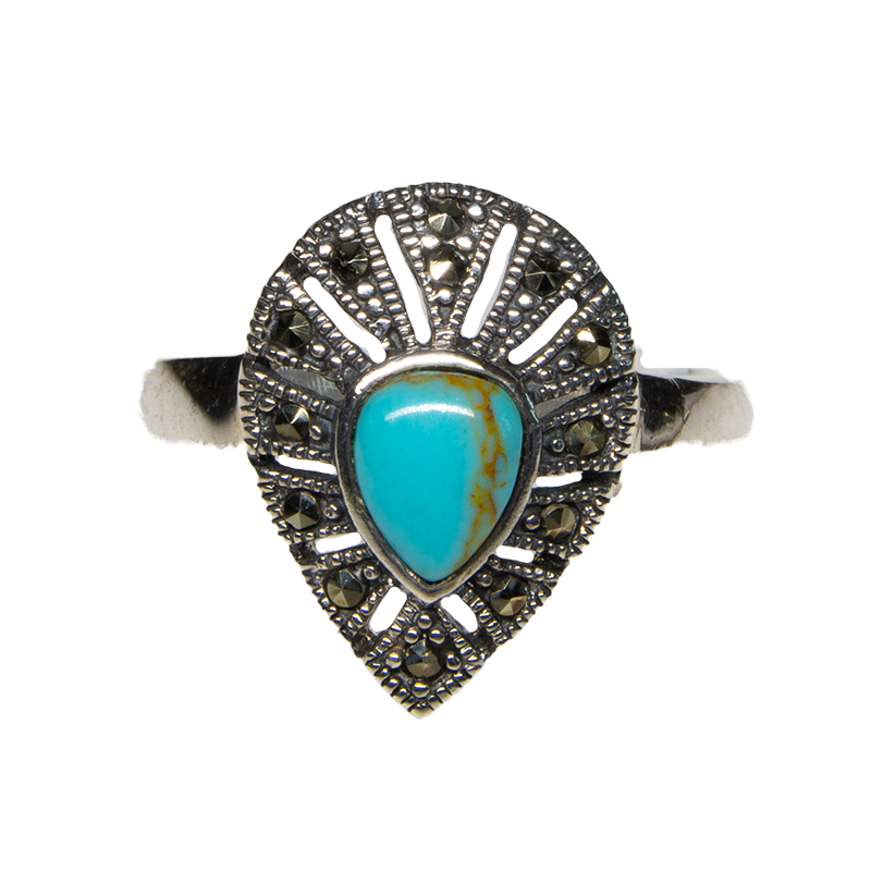 Turquoise Marcasite Natural Gemstone Bling Ring 925 silver Sizes N-R feeanddave