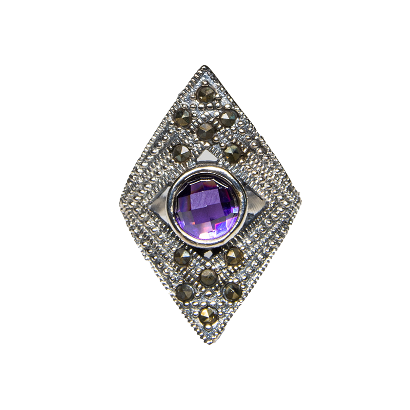 Marcasite Style Ring with Amethyst Gemstones - 925 Sterling Silver