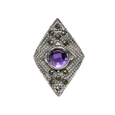 Marcasite Style Ring with Amethyst Gemstones - 925 Sterling Silver